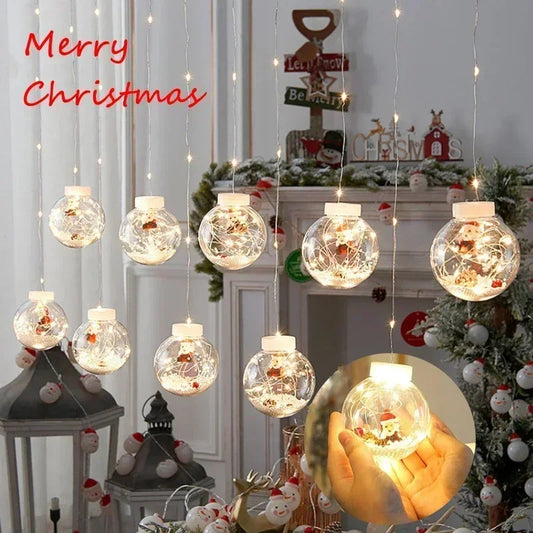 Cortina LED Navideña con Luces Muñeco de Nieve y Esferas Brillantes - Decoración de Ventana 10 Piezas
