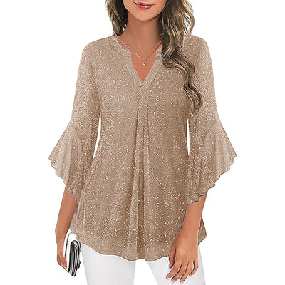 Blusa Suelta de Malla Plateada con Cuello V y Mangas 3/4 Pétalos - Image 45