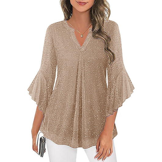 Blusa Suelta de Malla Plateada con Cuello V y Mangas 3/4 Pétalos - Image 45