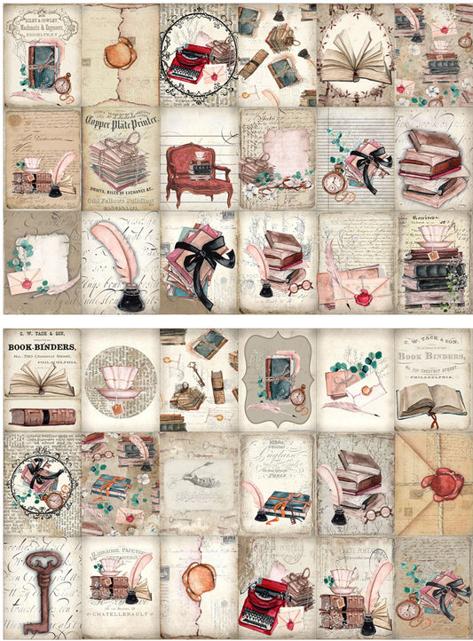 Vintage hand ledger stickers featuring books, typewriters, inkwells, letters, and botanical elements for journaling and crafts. - Image 2