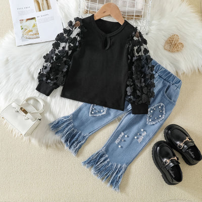 Conjunto Infantil con Top de Malla y Jeans con Detalles de Flecos - Image 11