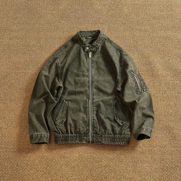 Chaqueta Bomber Retro Clásica con Cuello Tipo Snap - Lavada y Versátil