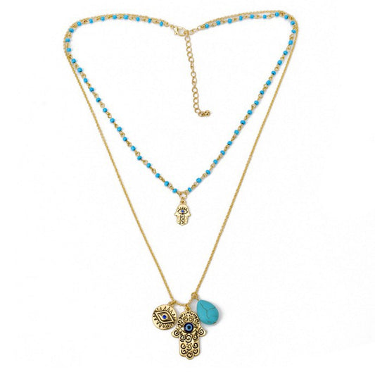 Collar Bohemio Doble Capa con Perlas de Arroz, Turquesa y Palma de Fátima