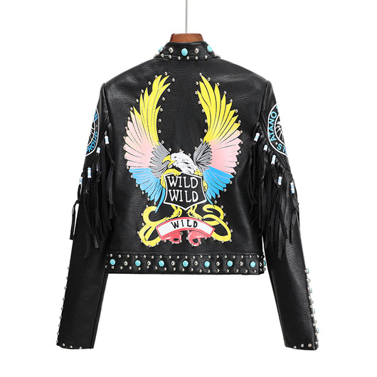 Chaqueta de Cuero con Estampado y Remaches Contraste para Mujer - Image 2