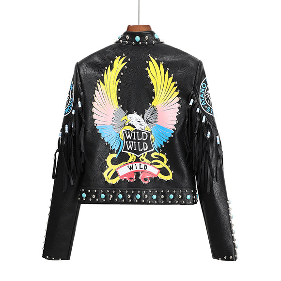 Chaqueta de Cuero con Estampado y Remaches Contraste para Mujer