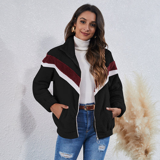 Chaqueta de Punto Alto Rayas Bolsillos Cierre Forro Suave - Image 6