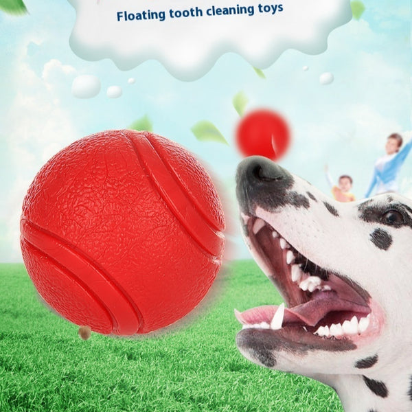 Orange rubber pet toy ball with textured surface and grooved lines, 5cm diameter, suitable for small dogs.