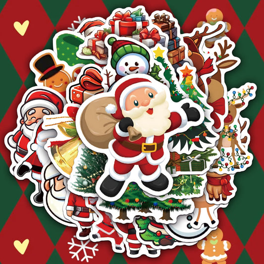 50-piece pack of cartoon Christmas waterproof stickers featuring Santa Claus, reindeer, snowmen, and gift boxes.