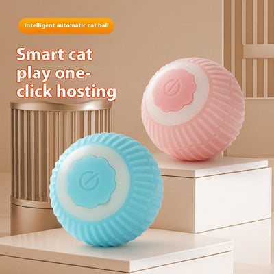 Two pink smart cat toy balls with ridged texture and a power button, offering 60 minutes of play on a full charge.