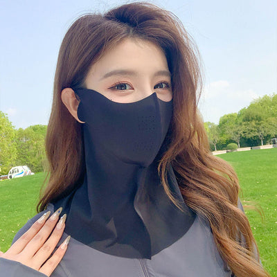 Light pink ice silk sun protection mask with ear loops and neck coverage, featuring small ventilation holes. - Image 10