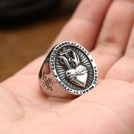 Anillo Sagrado Corazón de Jesús Acero Inoxidable para Hombre y Mujer - Joya Biker Punk con Cruz