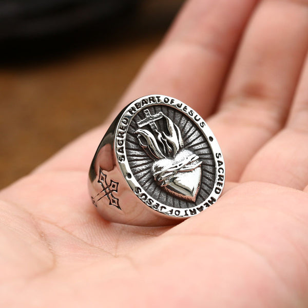 Anillo Sagrado Corazón de Jesús Acero Inoxidable para Hombre y Mujer - Joya Biker Punk con Cruz