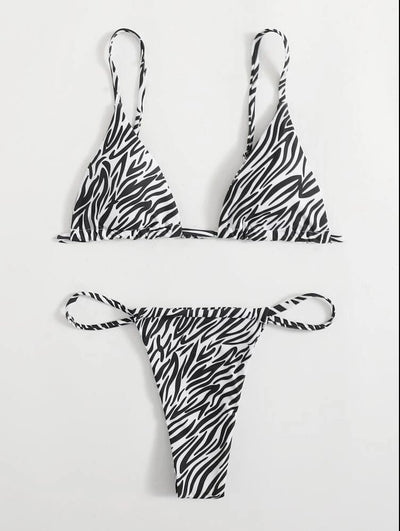 Pink and orange zebra print two-piece bikini with triangle top and high-cut tie-side thong bottom. - Image 11