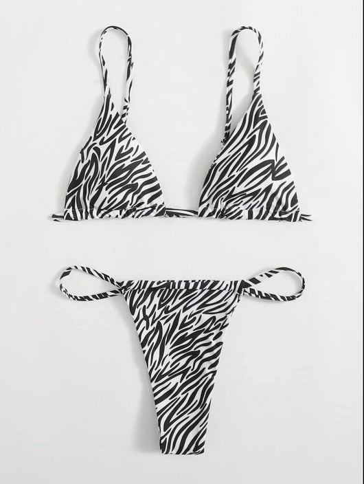 Pink and orange zebra print two-piece bikini with triangle top and high-cut tie-side thong bottom. - Image 11