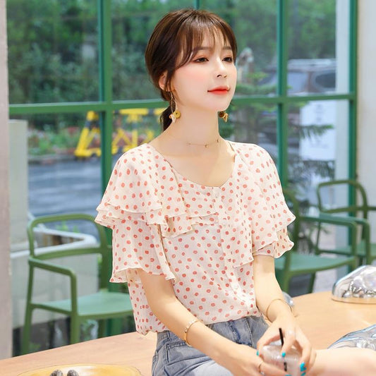 Blusa Retro de Verano con Volantes y Lunares en Chifón