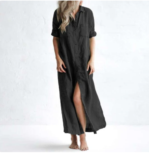 Vestido Camisero Largo de Algodón y Lino - Elegancia Casual