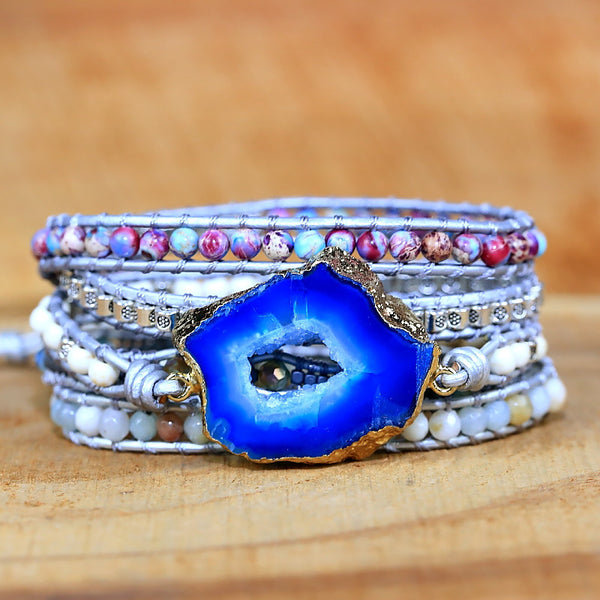 Pulsera de Cuero Trenzado Multicapa con Ágata Azul
