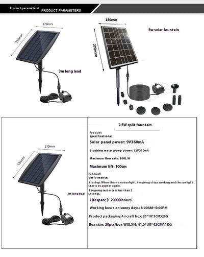 5W solar fountain kit with black solar panel on a ground stake, water pump, coiled hose, and various nozzles. - Image 11