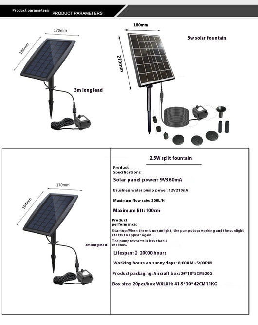 5W solar fountain kit with black solar panel on a ground stake, water pump, coiled hose, and various nozzles. - Image 11