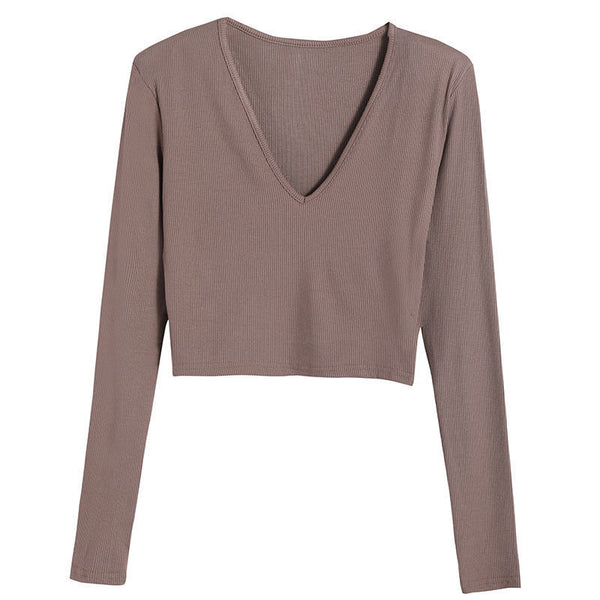 Blusa de Manga Larga con Hombreras Otoñal, Cuello en V