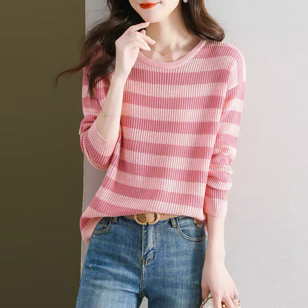 Blusa Holgada Rayas Manga Larga Estilo Occidental para Mujer