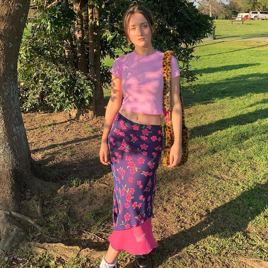 Falda Larga Estampado Flor de Cerezo en Chifón Entallada