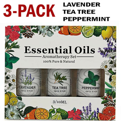 3-pack essential oil set with lavender, tea tree, and peppermint scents in amber bottles and a decorative box. - Image 7
