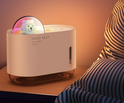 White square humidifier with a clear base, featuring a cute white bear figure in a clear dome, labeled "SPACE BEAR Humidifier 300 ml". - Image 17
