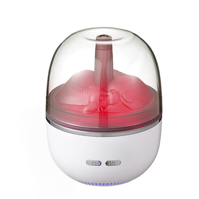 White essential oil diffuser and humidifier with a clear dome top, glowing red inside, and blue LED base light. - Image 10