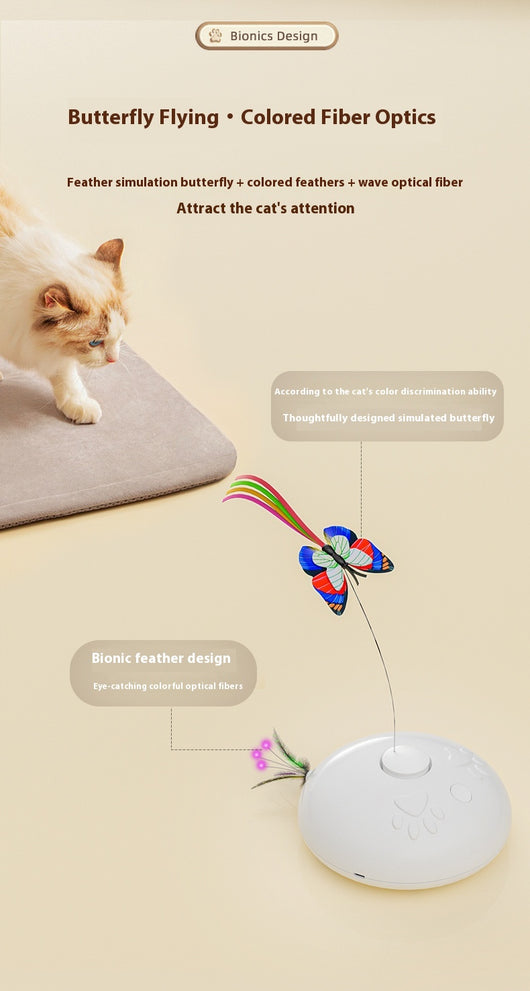 White electric cat toy with a colorful butterfly on a flexible wire and green feathers extending from the base. - Image 11