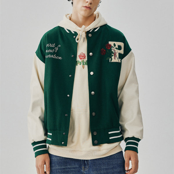 Chaqueta Deportiva Bordada con Rosas - Estilo Urbano Oversized