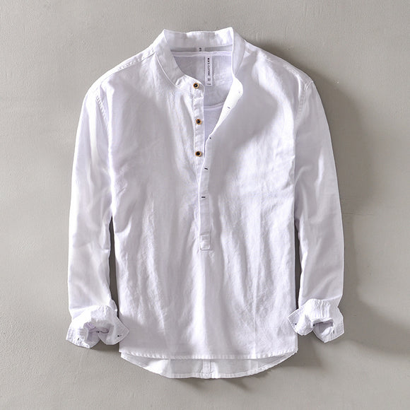 Camisa de Lino Casual con Cuello Mao para Hombre