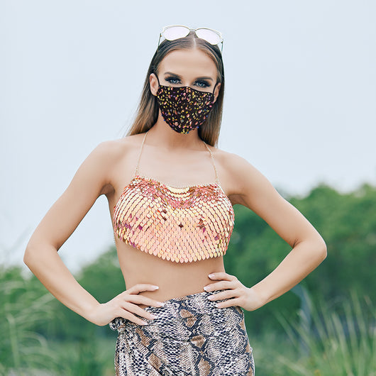 Black mesh face mask with colorful sequins, displayed on a mannequin with reddish-brown hair. - Image 3