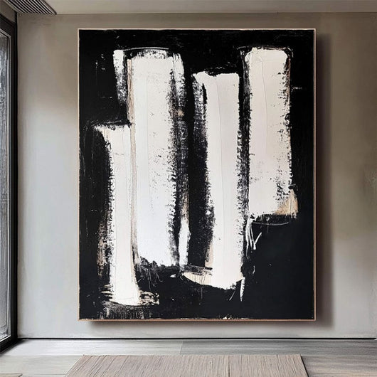 Cuadro Abstracto Blanco y Negro - Pintura al Óleo Moderna para Sala de Estar