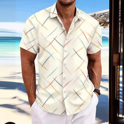 Camisa de Playa Hombre Rayas Plumas - Manga Corta Botones Casual Verano - Image 4