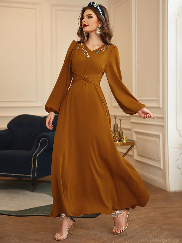 Vestido Largo Elegante de Manga Larga en Colores Sólidos Estilo Francés