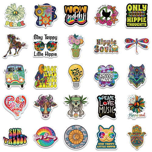 50 Pegatinas Hippie Retro Personalizables para Decoración