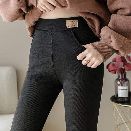 Leggings Talla Grande Gris Sólido con Bolsillos y Tela Elástica