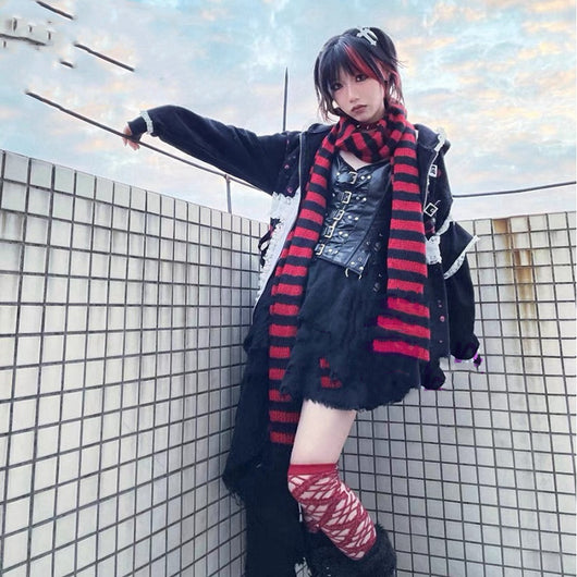 Bufanda Harajuku Punk Rayas Gris Rojo Negro - Image 8