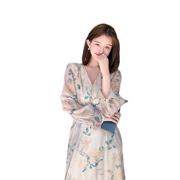 Falda Larga Floral de Diseño Retro con Temperamento Elegante