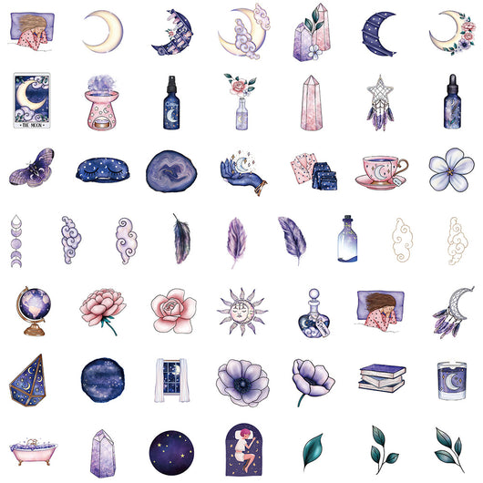 50-piece pack of mystical graffiti stickers featuring moons, stars, tarot cards, crystals, and butterflies in purple, pink, and blue. - Image 4