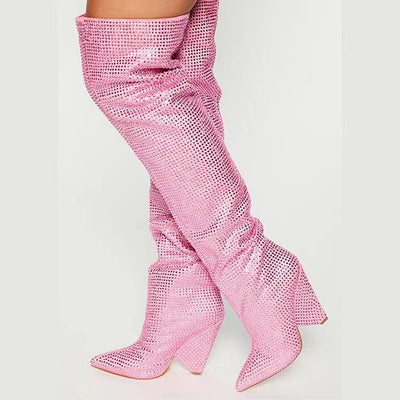 Botas Hasta la Rodilla con Tacón Cuña Punteado y Cristales Brillantes Talla Grande - Image 9