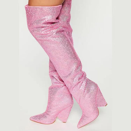 Botas Hasta la Rodilla con Tacón Cuña Punteado y Cristales Brillantes Talla Grande - Image 9