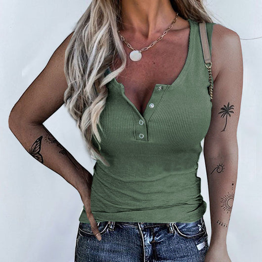 Blusa Ajustada sin Mangas con Botones - Estilo Europeo y Americano - Image 3