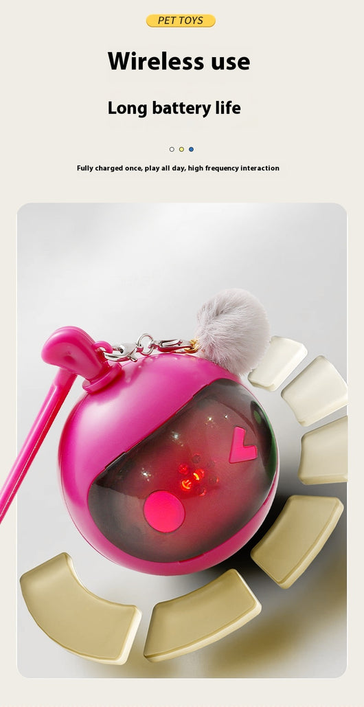 Rose red and black spherical cat toy with a grey pom-pom and suction cup base for self-play. - Image 19