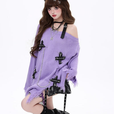 Suéter Holgado Desgarrado con Hombros Descubiertos y Flecos para Mujer Otoño Invierno - Image 13