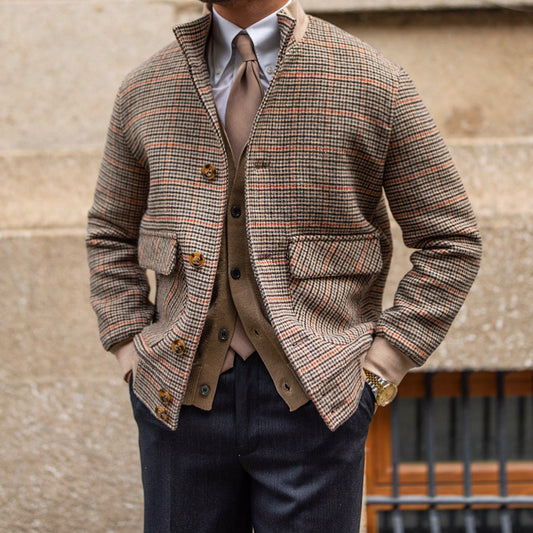 Chaqueta Bomber Tweed con Forro Polar Ajustada y Cuello de Pie