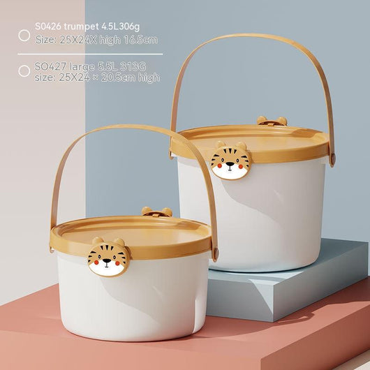 Two plastic storage buckets, one small and one large, with light blue bodies and orange lids featuring cartoon reindeer faces. - Image 20