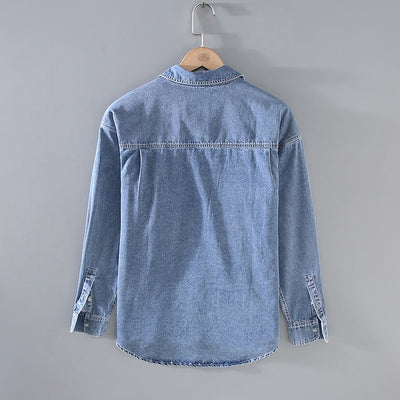 Camisa Denim Retro Vintage Lavado Doble para Hombre - Manga Larga Tono Claro - Image 2