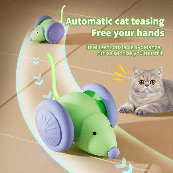 Green and purple electric mouse car cat toy with a glowing tail on a woven mat, designed for interactive play.